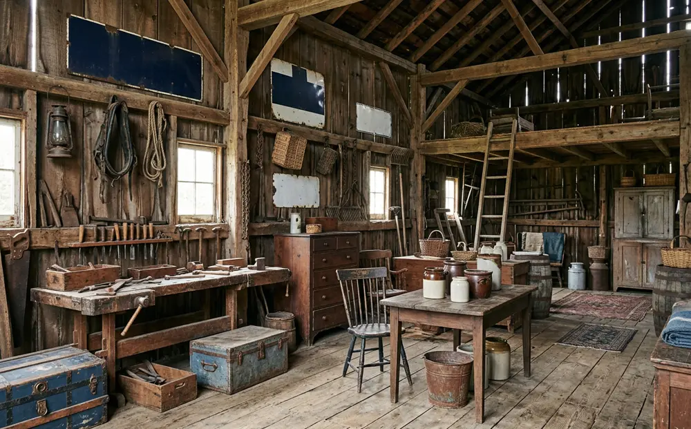 An old New England barn filled with antique furniture, tools, trunks, and crocks